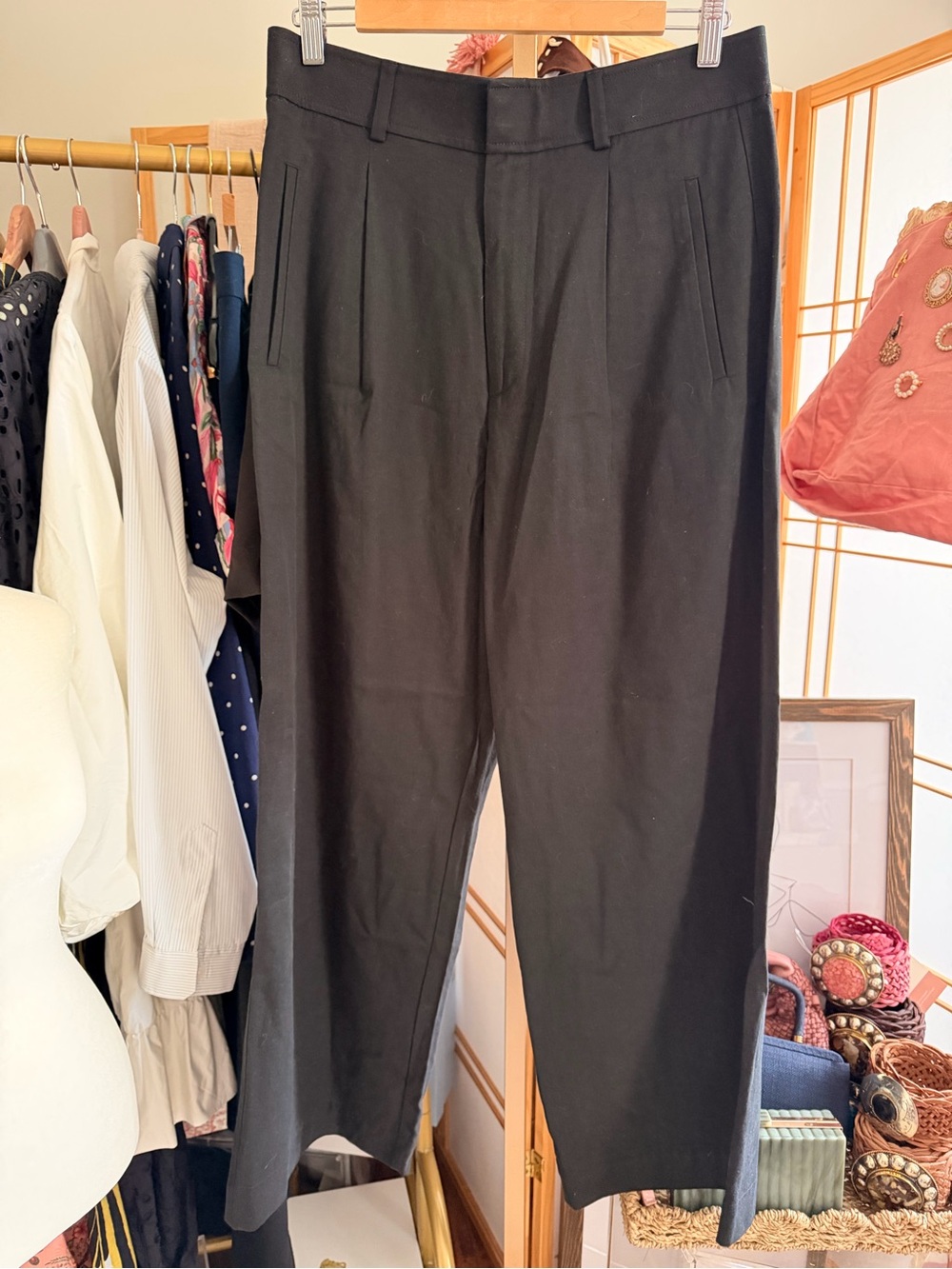 Everlane Black Tencel Lyocell Cotton Pleated Straight Leg Trousers Sz 10S